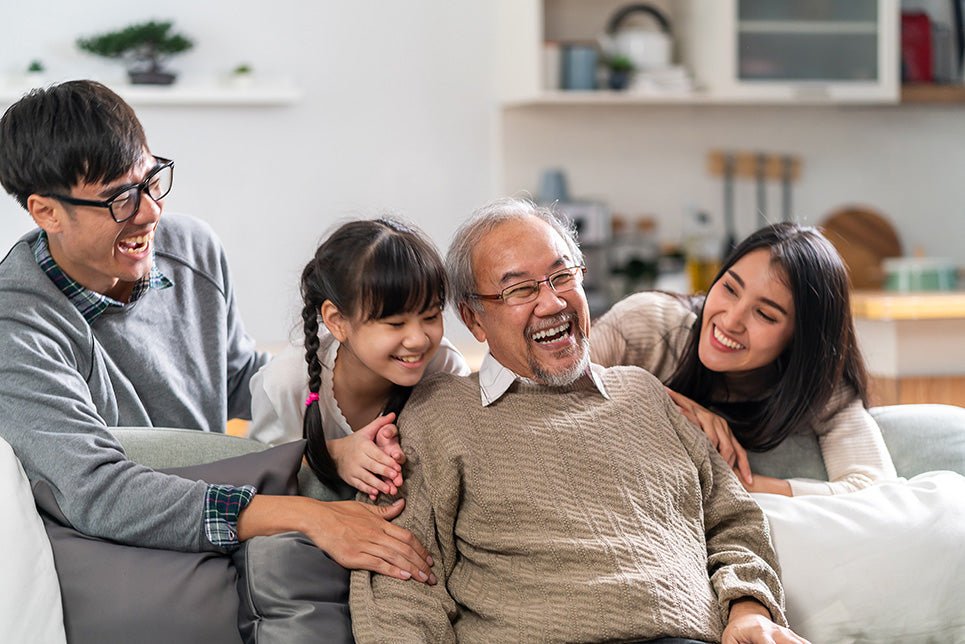 a group Portrait of a Happy multigenerational family sitting on a sofa
