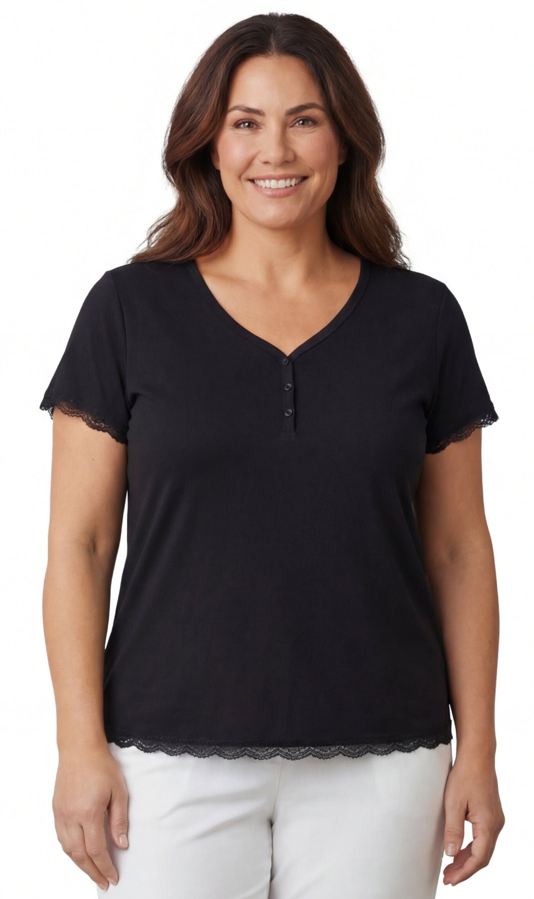 Women's V-neck Short Sleeve Tshirt with A Three Button Placket - Silverts 1