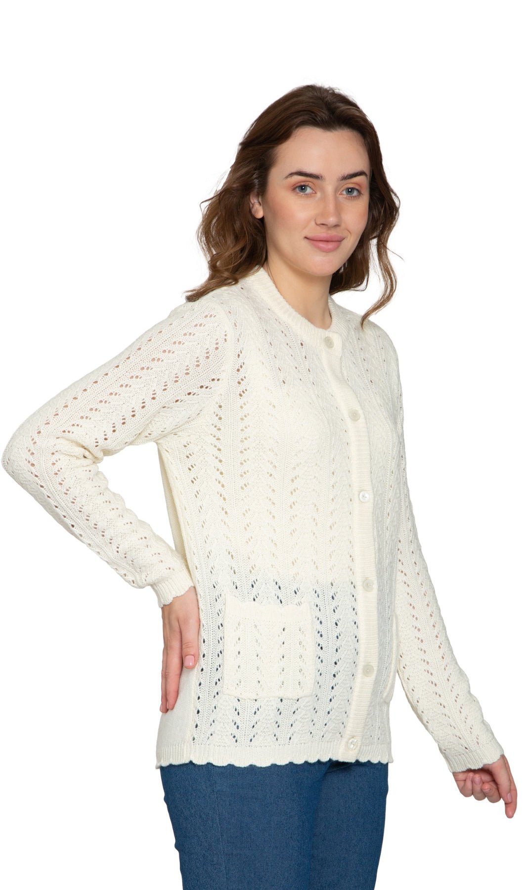 Women's Button Front Crochet Pointelle Cardigan with Pockets - Silverts 3