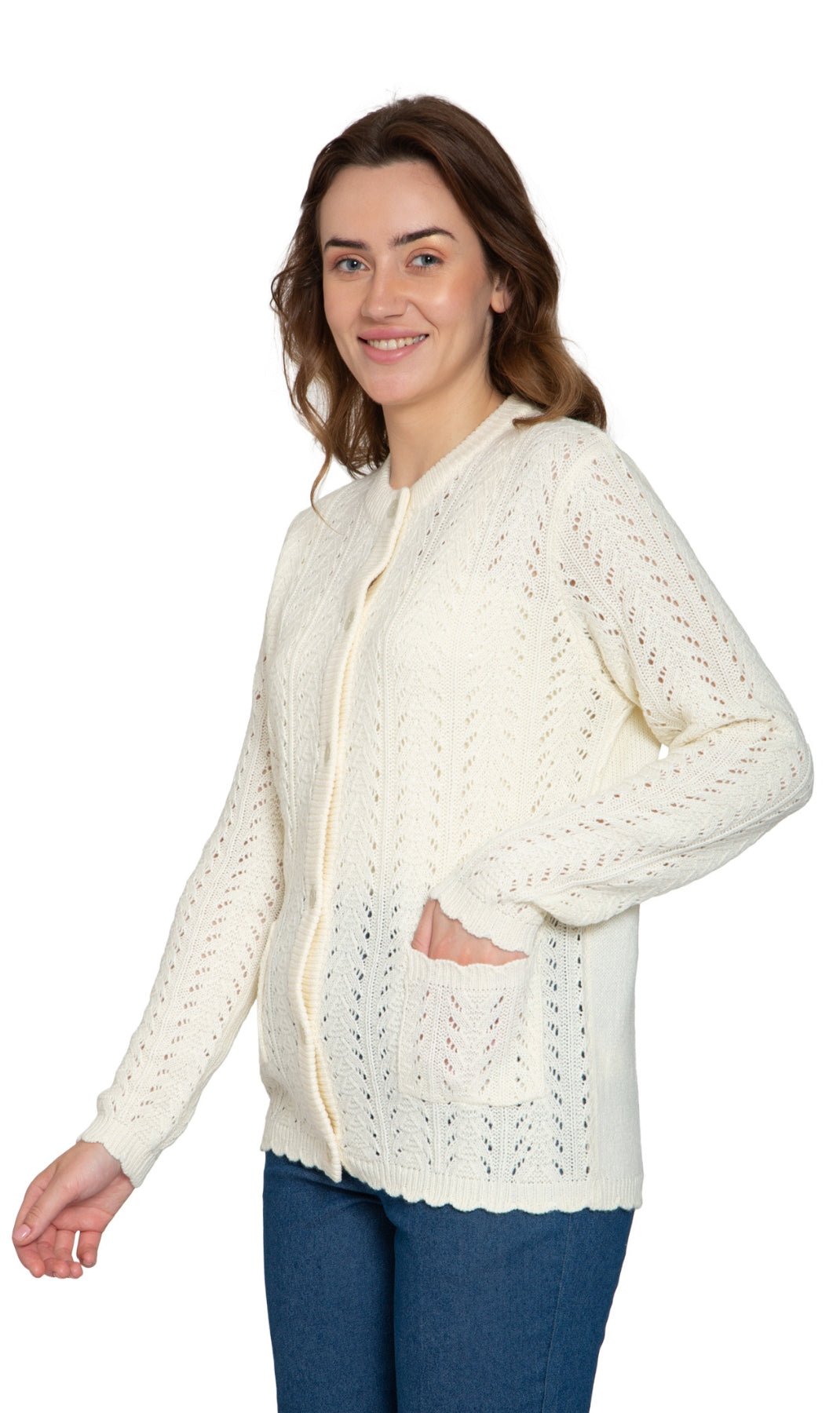 Women's Button Front Crochet Pointelle Cardigan with Pockets - Silverts 4