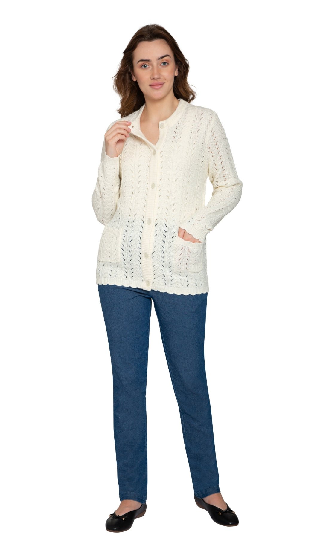 Women's Button Front Crochet Pointelle Cardigan with Pockets - Silverts 5