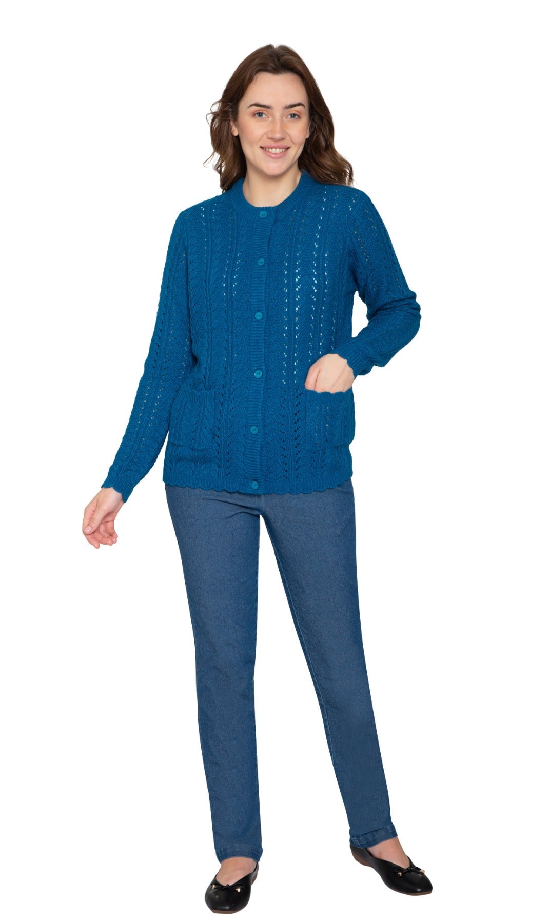 Women's Button Front Crochet Pointelle Cardigan with Pockets - Silverts 11