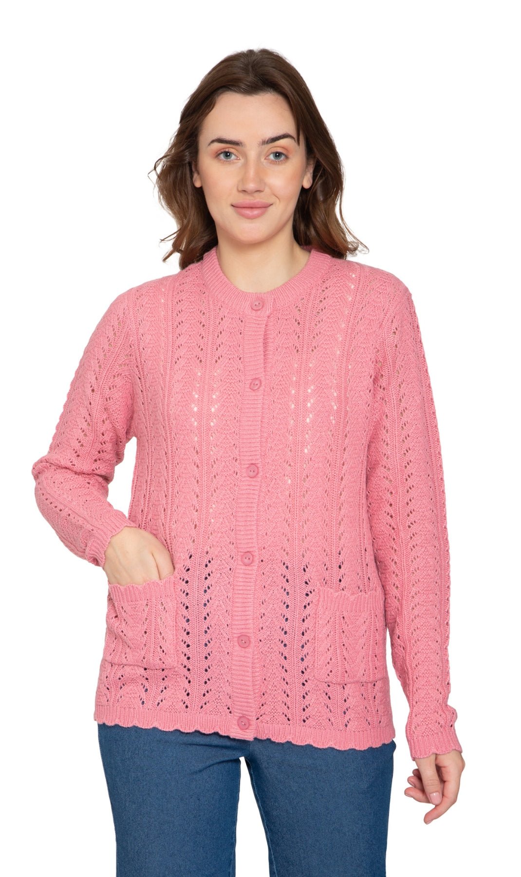 Women's Button Front Crochet Pointelle Cardigan with Pockets - Silverts 13