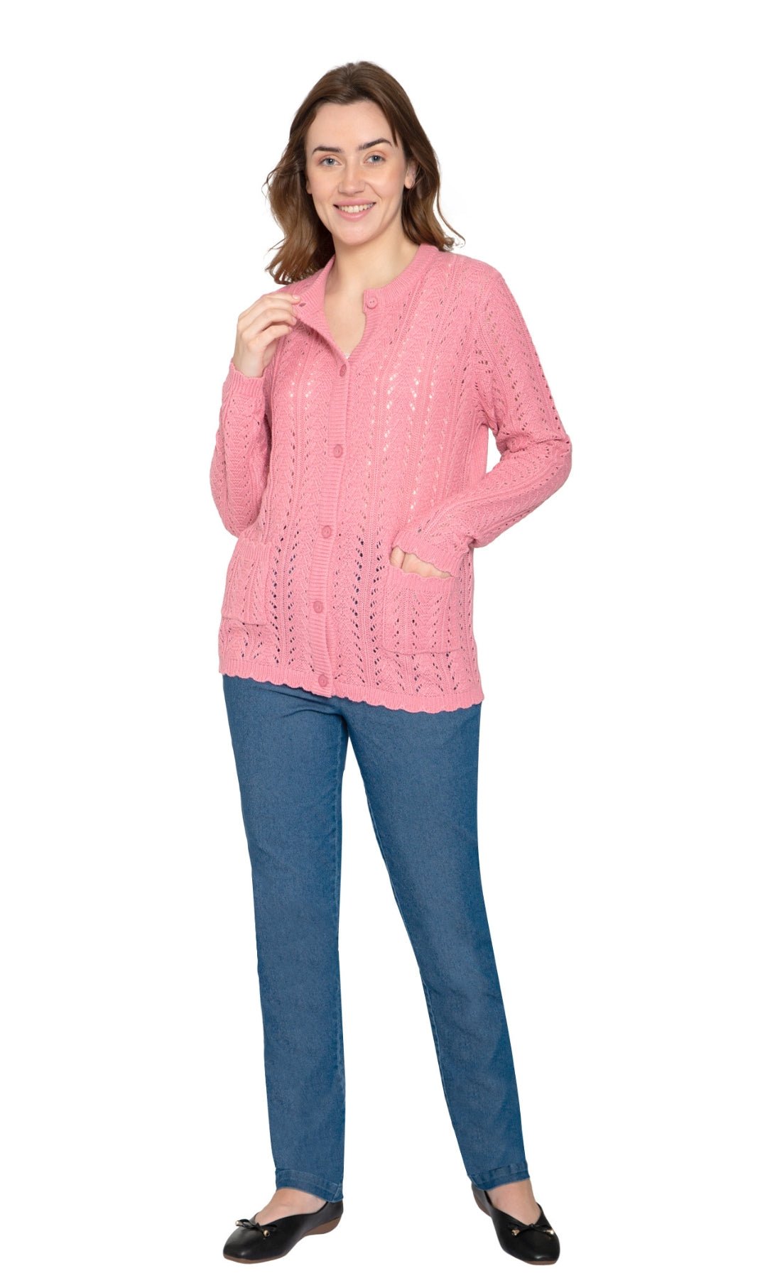 Women's Button Front Crochet Pointelle Cardigan with Pockets - Silverts 17