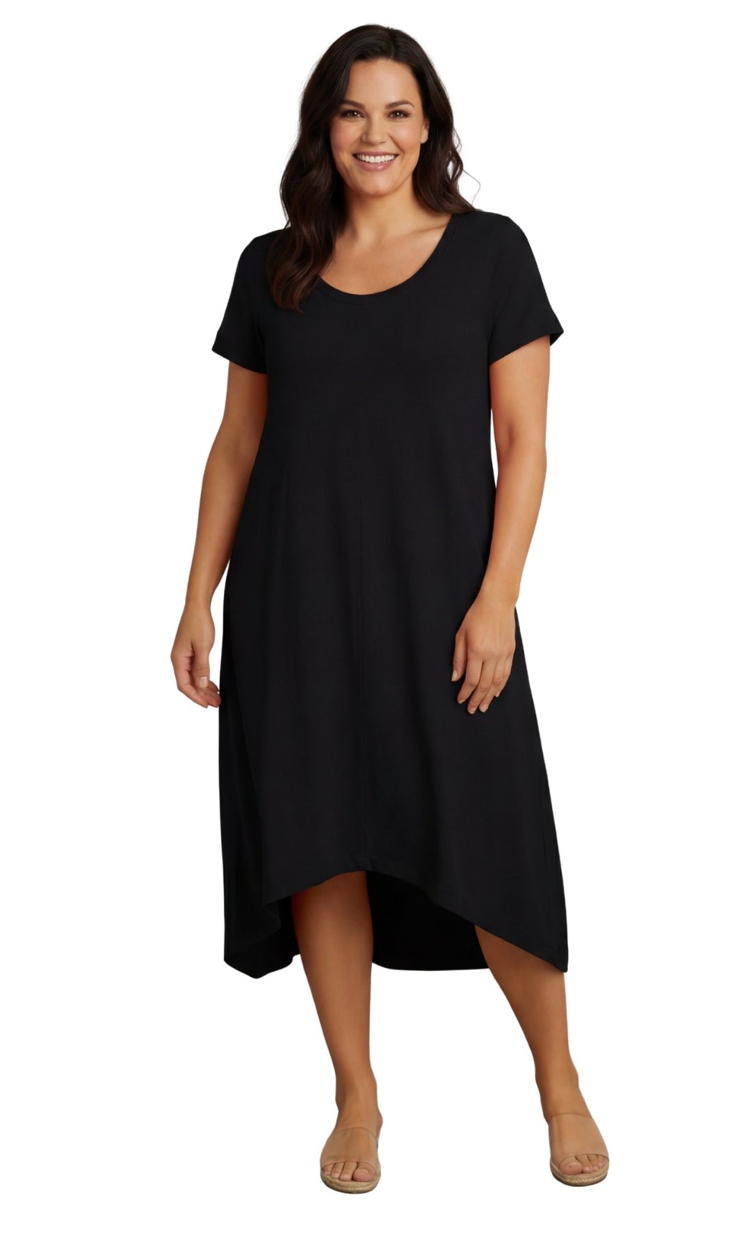 Women's Knit Wide Scoop Neck Short Sleeve Dress in A-line Asymmetrical Hem - Silverts 1