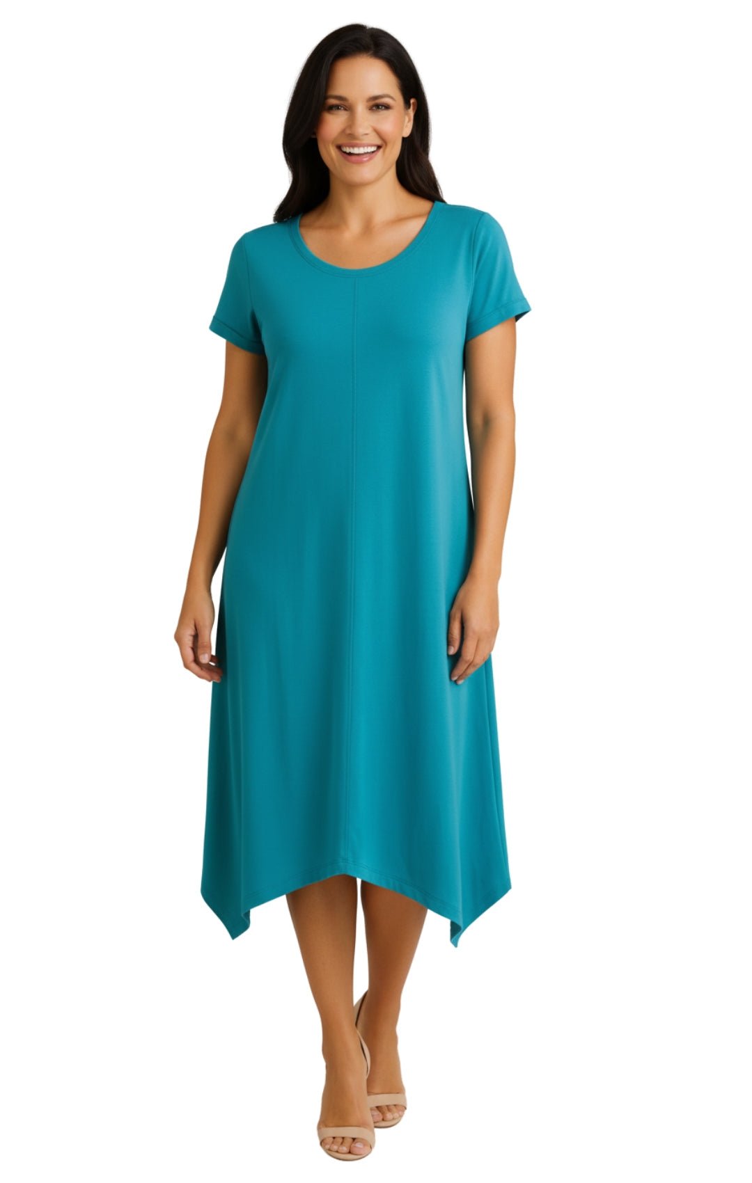 Women's Knit Wide Scoop Neck Short Sleeve Dress in A-line Asymmetrical Hem - Silverts 4