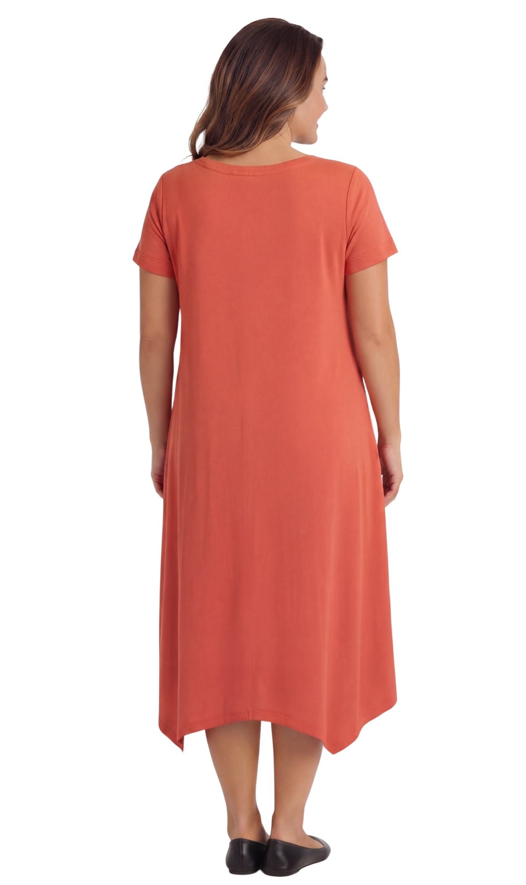 Women's Knit Wide Scoop Neck Short Sleeve Dress in A-line Asymmetrical Hem - Silverts 6