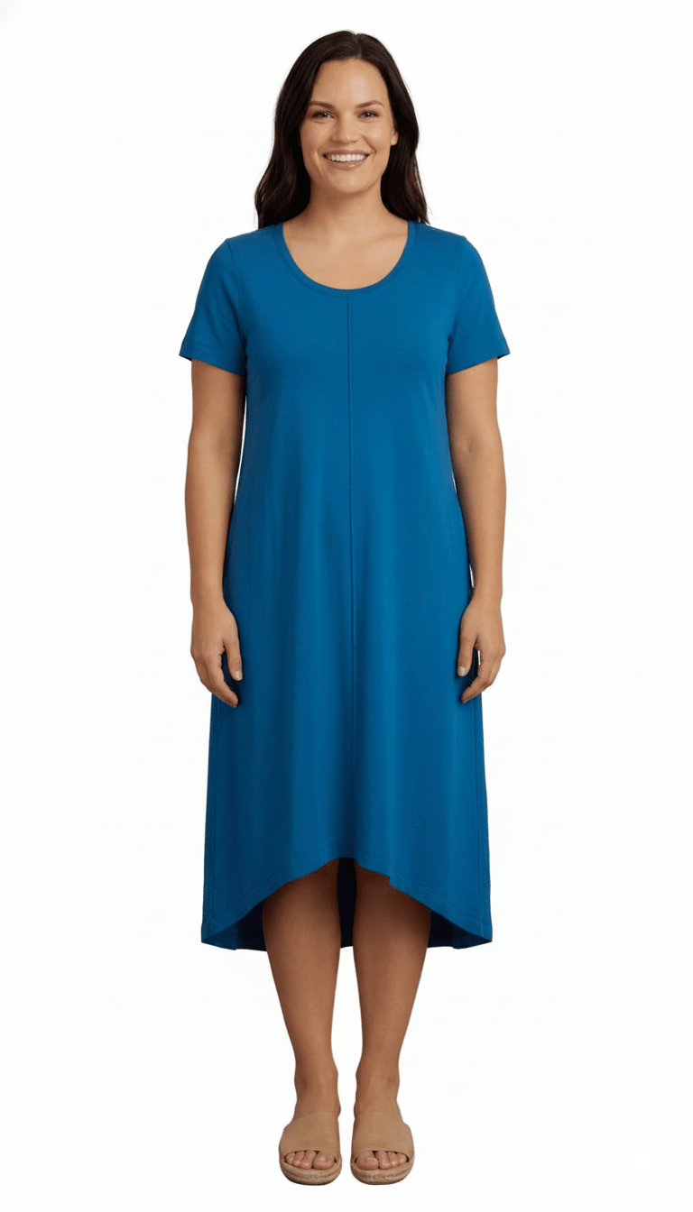 Women's Knit Wide Scoop Neck Short Sleeve Dress in A-line Asymmetrical Hem - Silverts 8