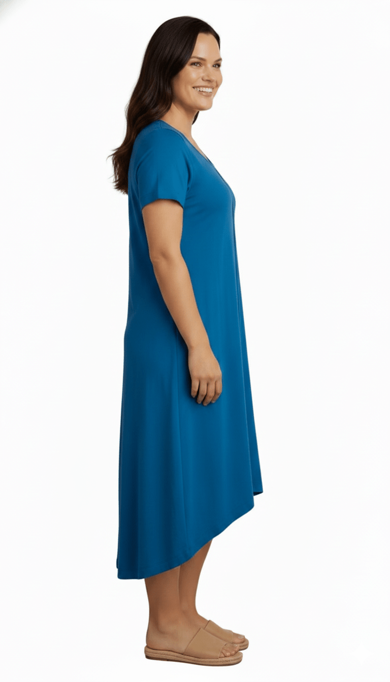 Women's Knit Wide Scoop Neck Short Sleeve Dress in A-line Asymmetrical Hem - Silverts 9