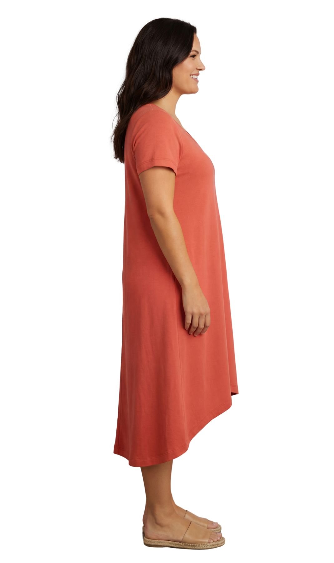 Women's Knit Wide Scoop Neck Short Sleeve Dress in A-line Asymmetrical Hem - Silverts 7