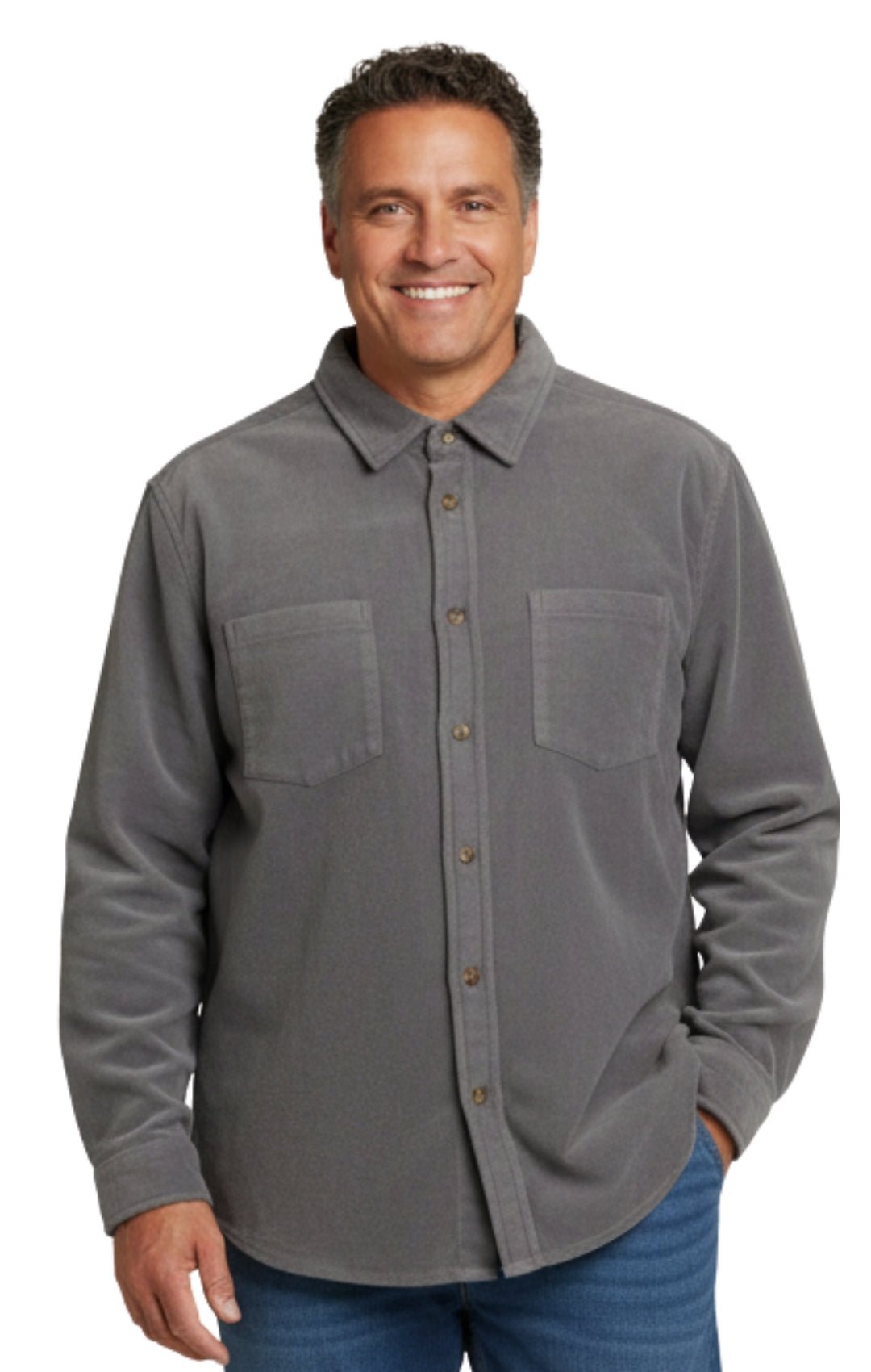 Men's Heathered Fleece Overshirt with Chest Pockets and Tortoise-shell patterned Buttons - Silverts 9