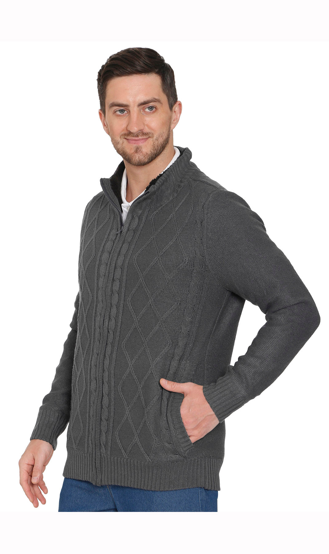 Mens Sherpa Fleece Lined Zip Front Sweater Jacket - Silverts 3