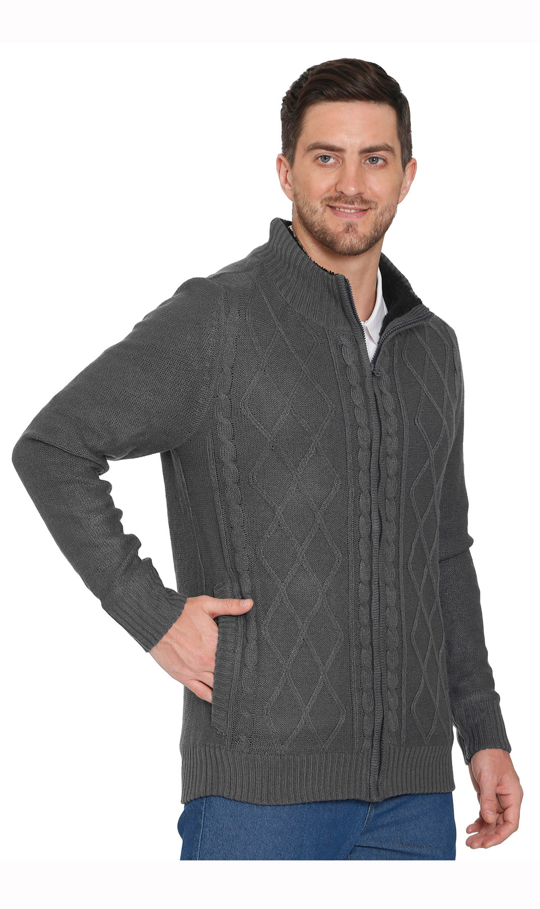 Mens Sherpa Fleece Lined Zip Front Sweater Jacket - Silverts 4
