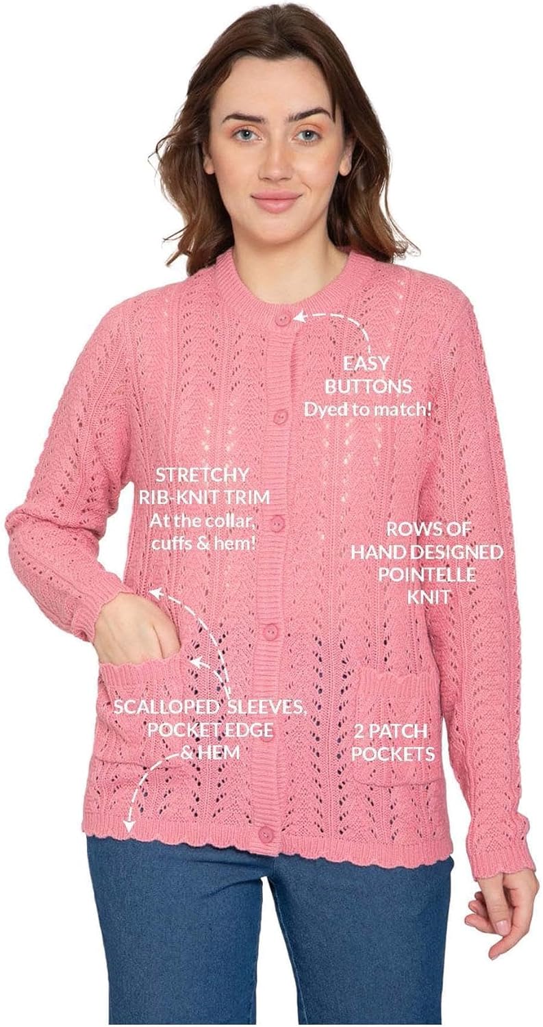 Women's Button Front Crochet Pointelle Cardigan with Pockets - Silverts 16