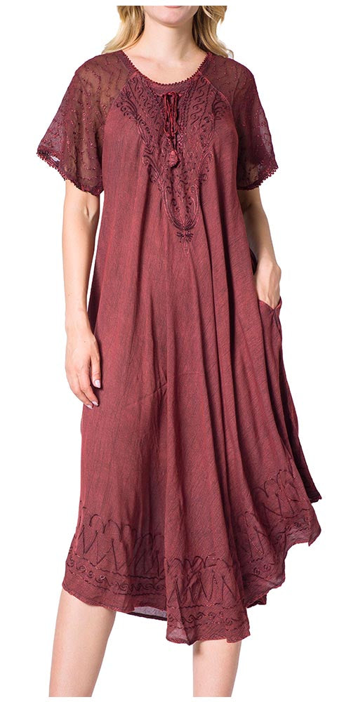 Sakkas Egan Women's Long Embroidered Caftan Dress / Cover Up With Embroidered Cap Sleeves