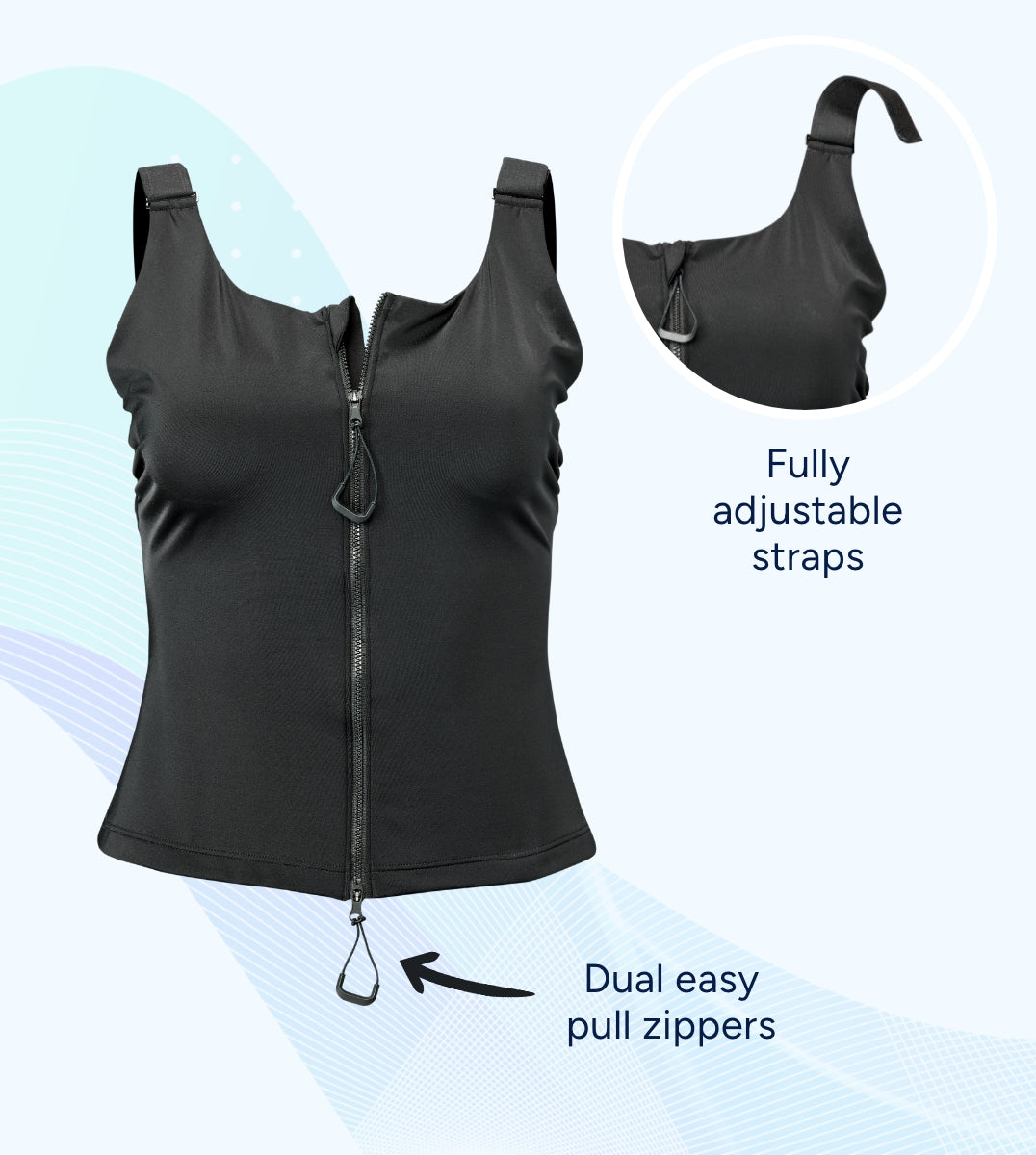 Black tank top with adjustable straps and dual zippers on a light blue background