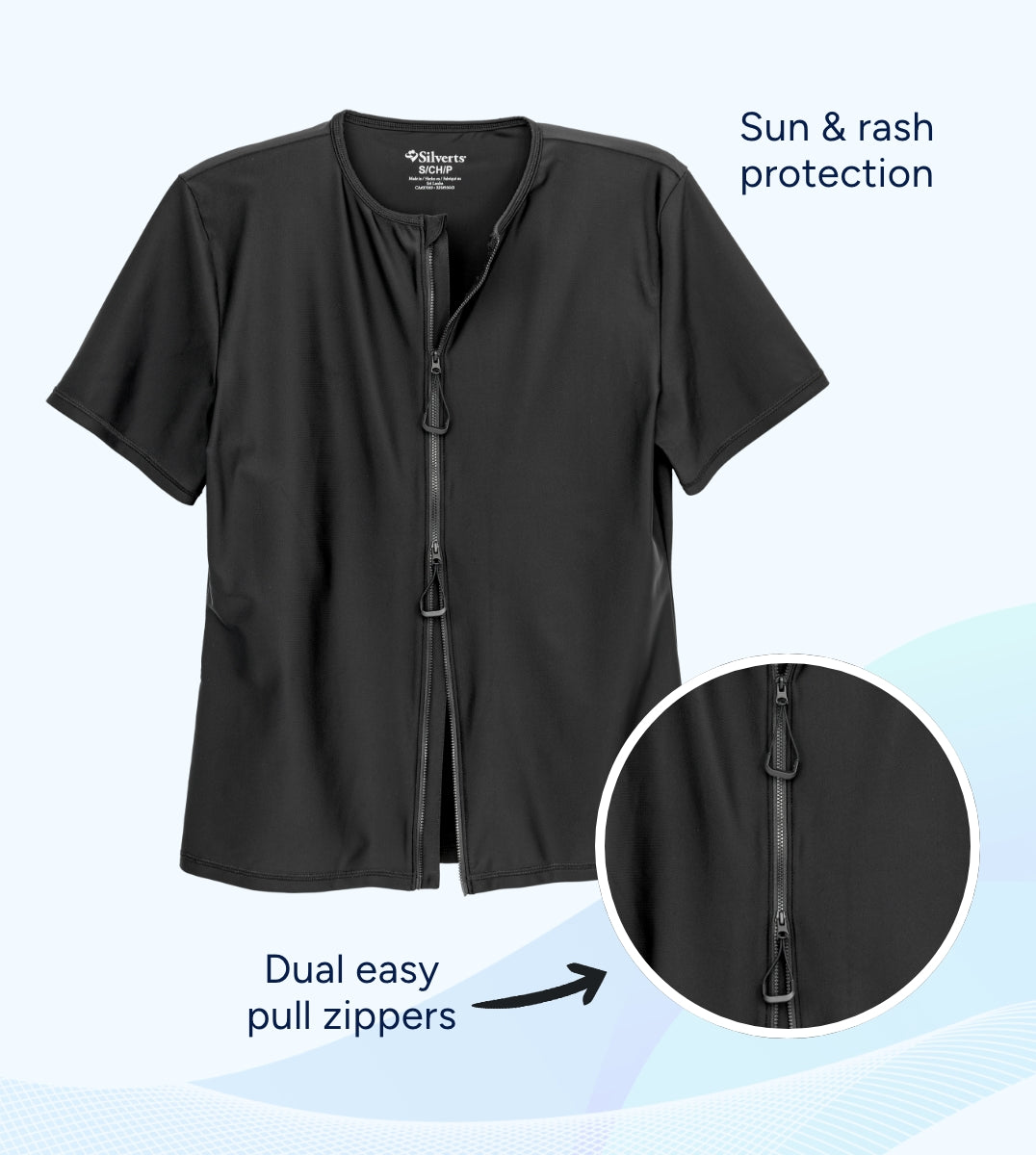 Black short-sleeve shirt with dual easy pull zippers and sun & rash protection text on a light gray background.