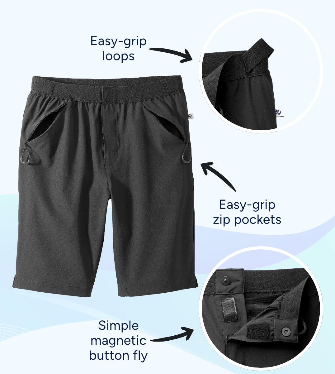 Black shorts with features highlighted on a light blue background