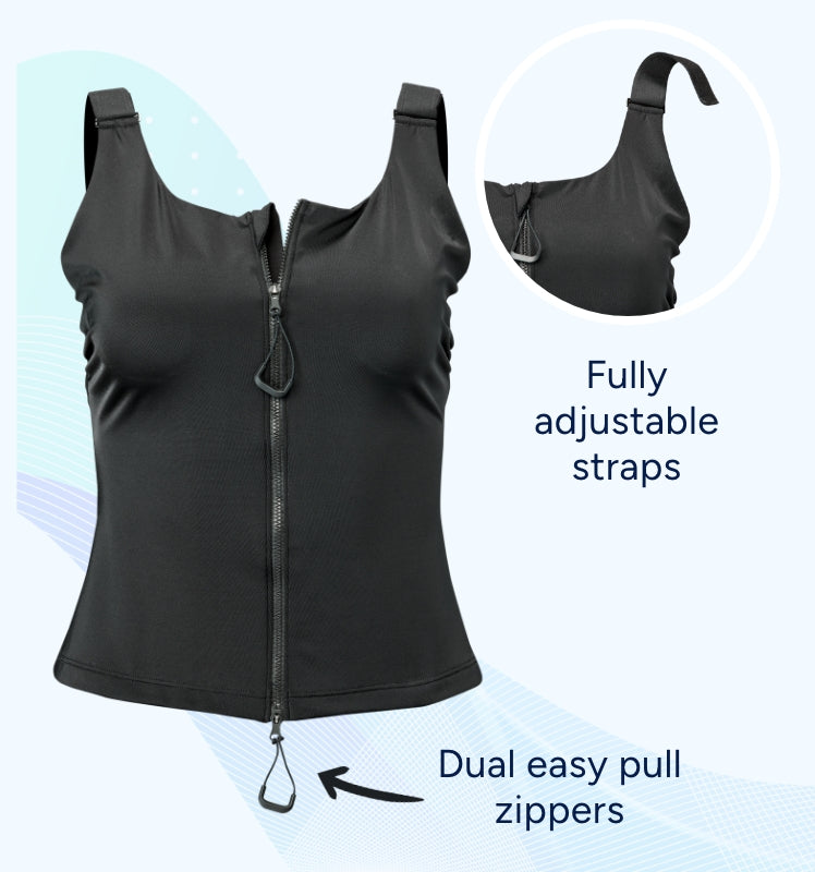 Black tank top with adjustable straps and dual zippers on a light blue background