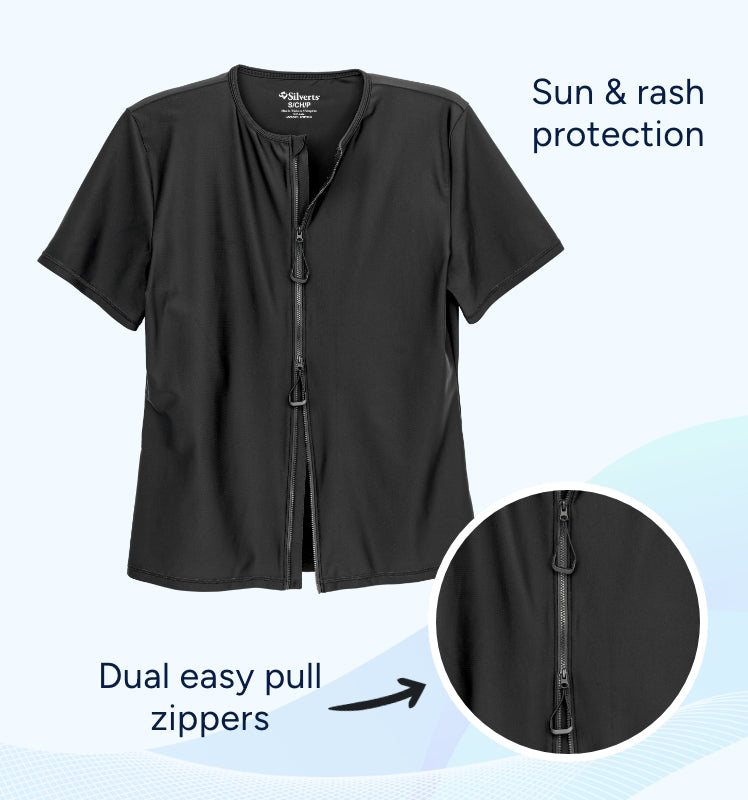 Black zip-up shirt with sun and rash protection features on a white background