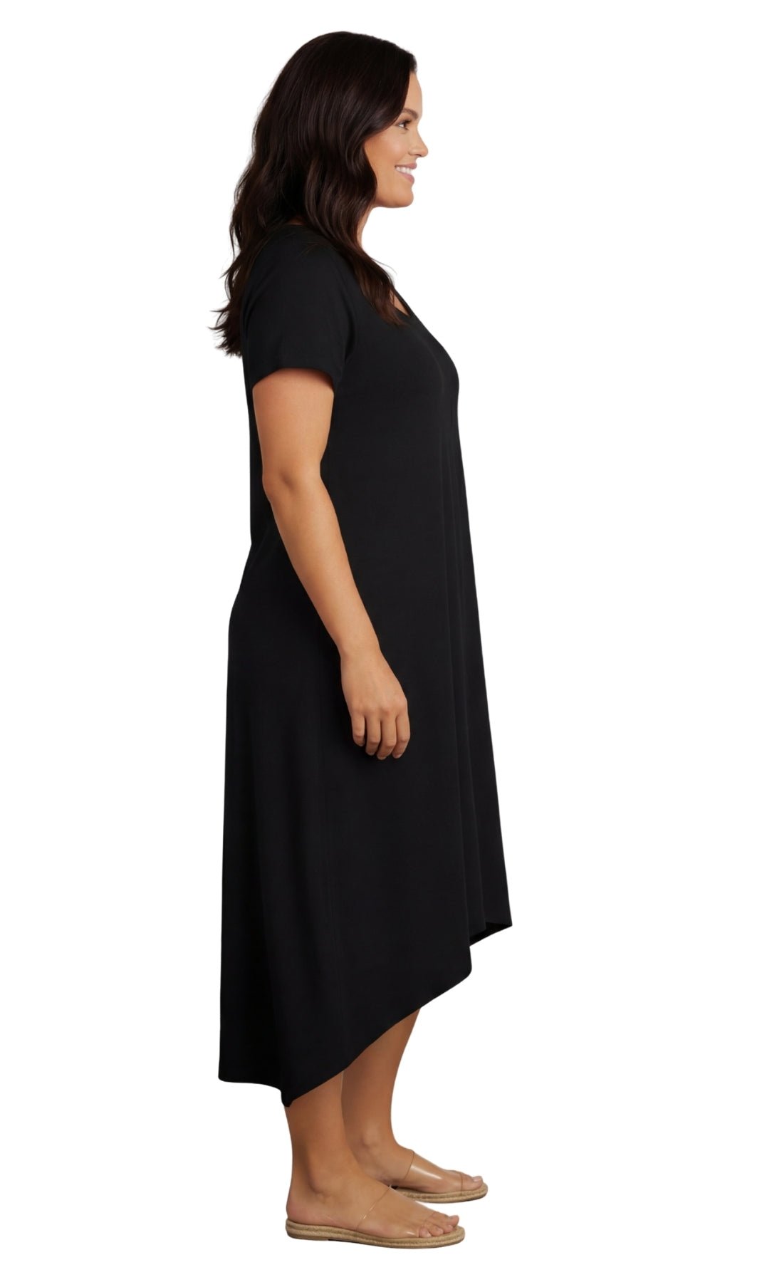 Women's Knit Wide Scoop Neck Short Sleeve Dress in A-line Asymmetrical Hem - Silverts 3