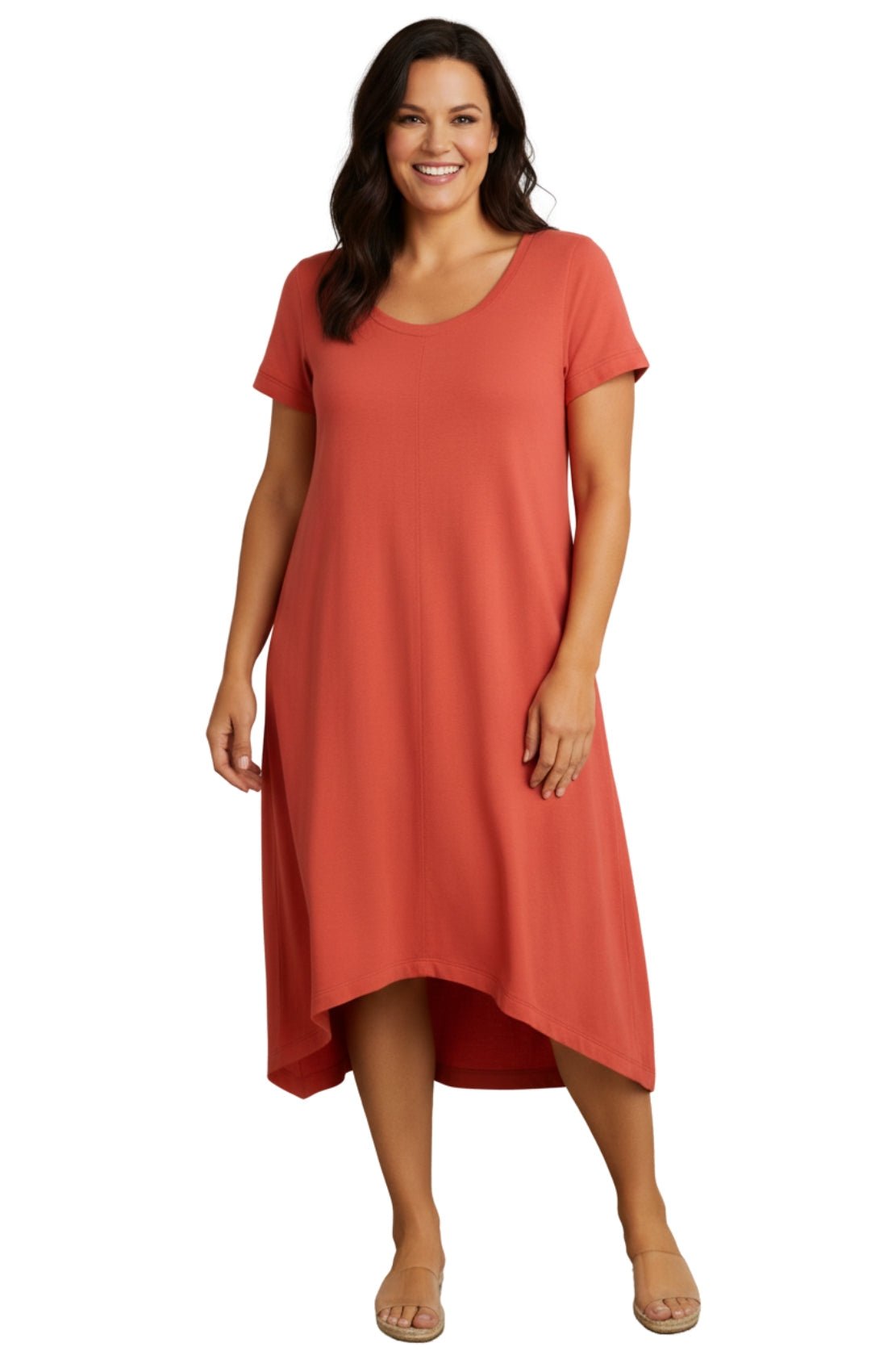 Women's Knit Wide Scoop Neck Short Sleeve Dress in A-line Asymmetrical Hem - Silverts 5