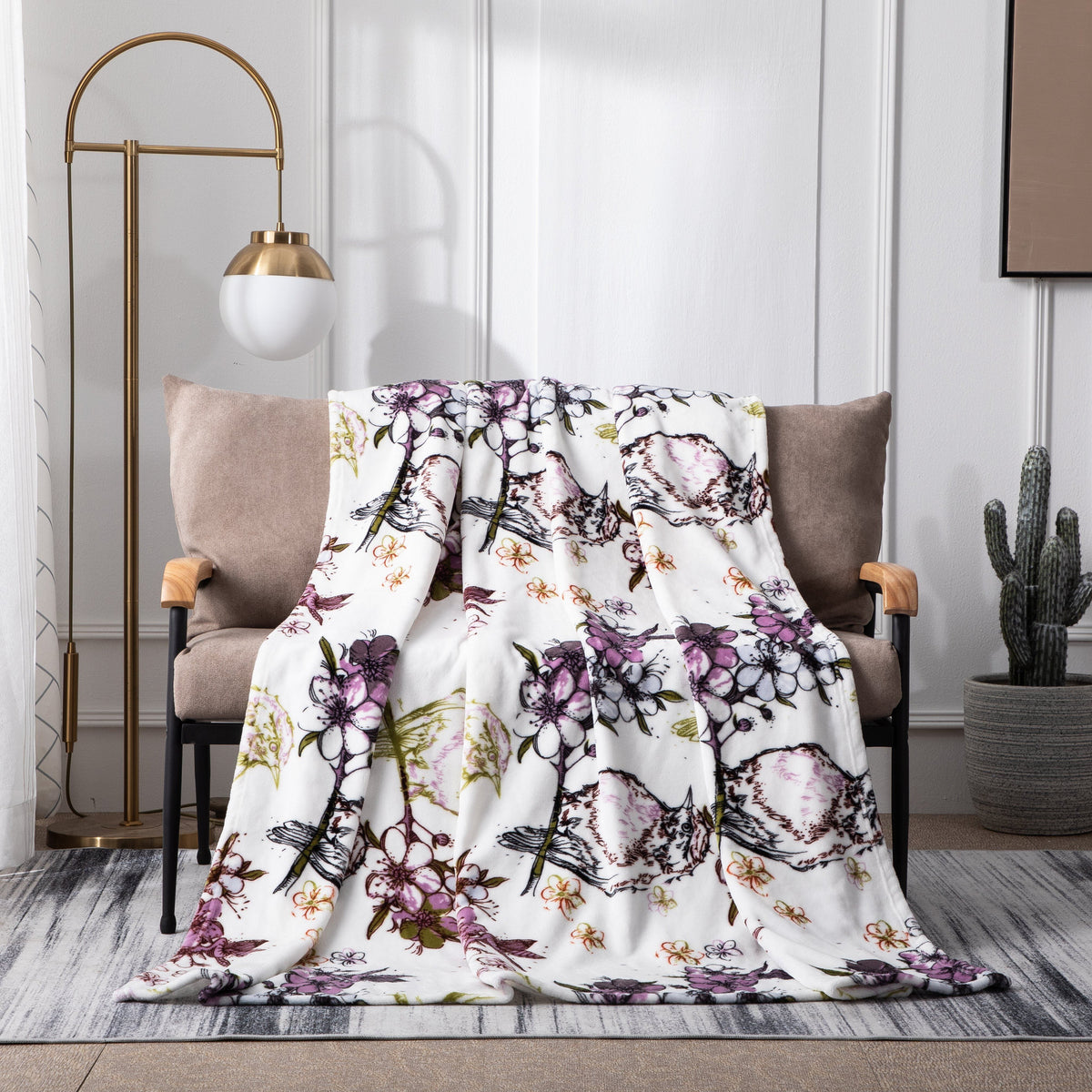 DaDa Bedding Floral Blossoms Spring Cottage Birds Soft Fleece Throw Blanket (XY1010) - Silverts 1