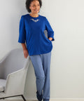 Women's Open Back 3/4 Length Sleeve Top with Embroidery - Silverts 5