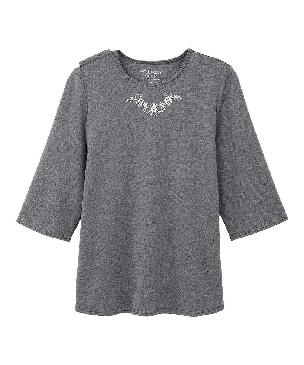 Women's Open Back 3/4 Length Sleeve Top with Embroidery - Silverts 19