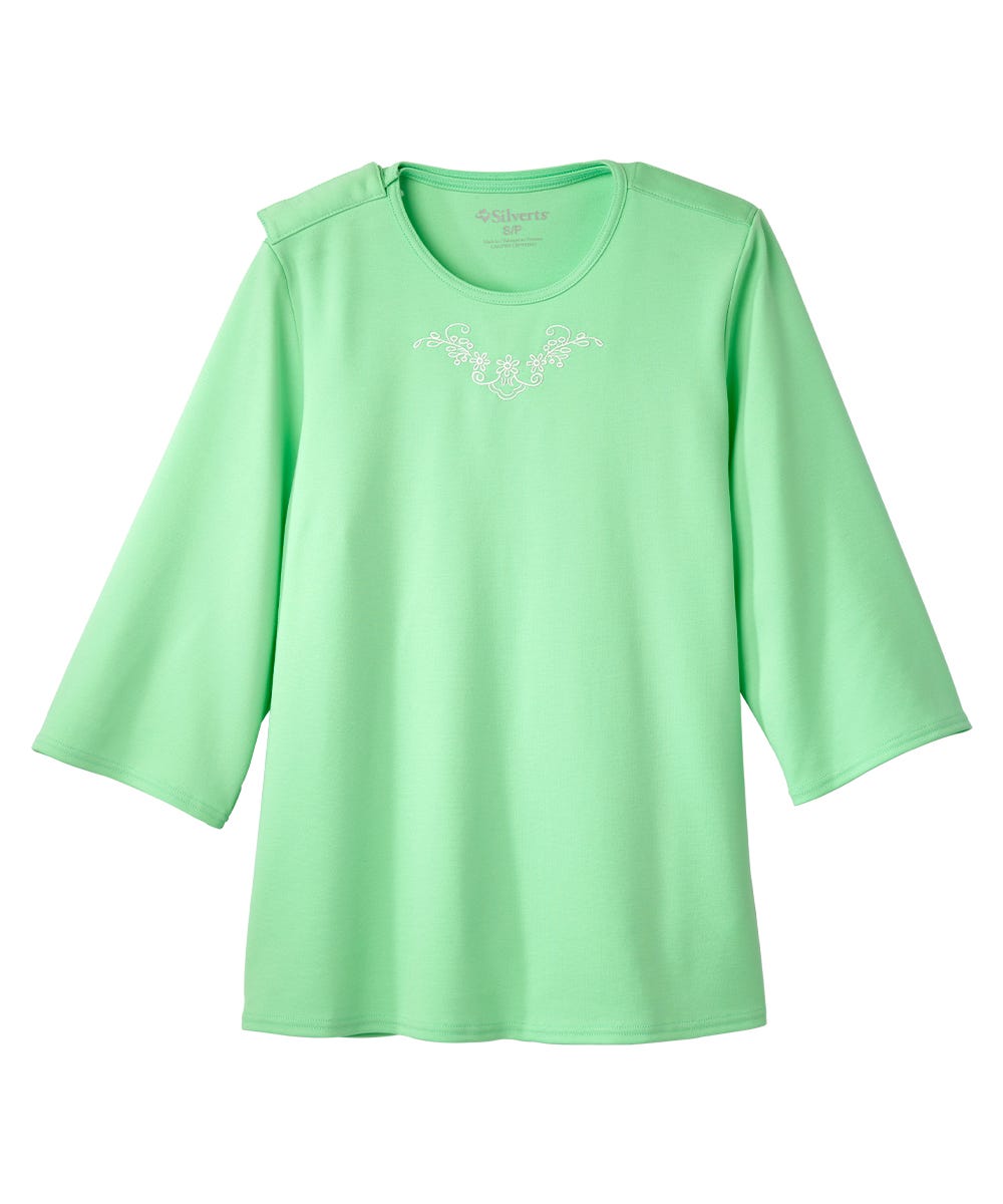 Women's Open Back 3/4 Length Sleeve Top with Embroidery - Silverts 26