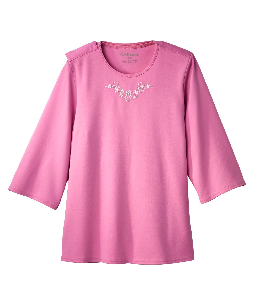 Women's Open Back 3/4 Length Sleeve Top with Embroidery - Silverts 29