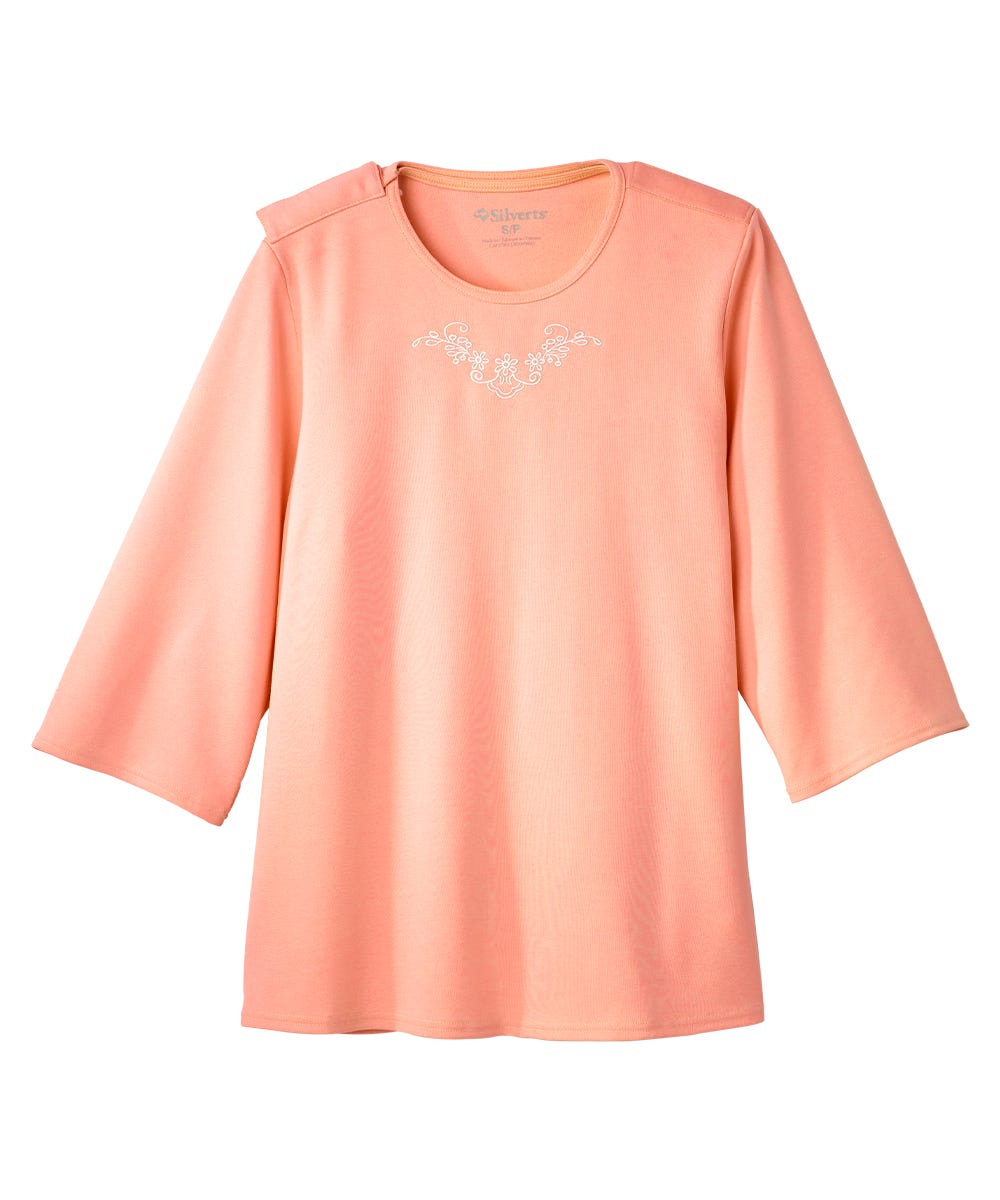 Women's Open Back 3/4 Length Sleeve Top with Embroidery - Silverts 35