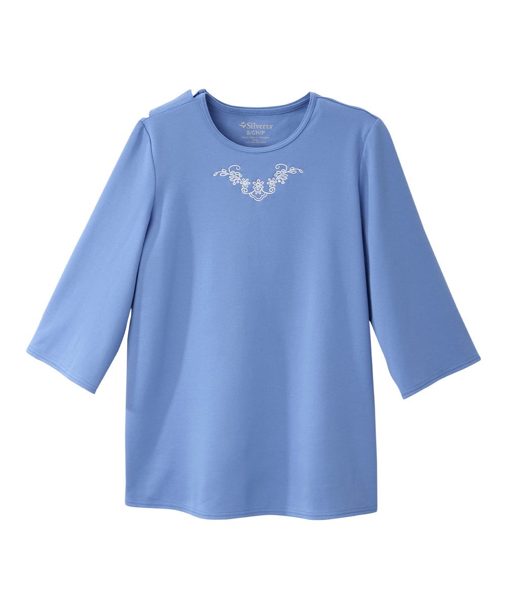 Women's Open Back 3/4 Length Sleeve Top with Embroidery - Silverts 56