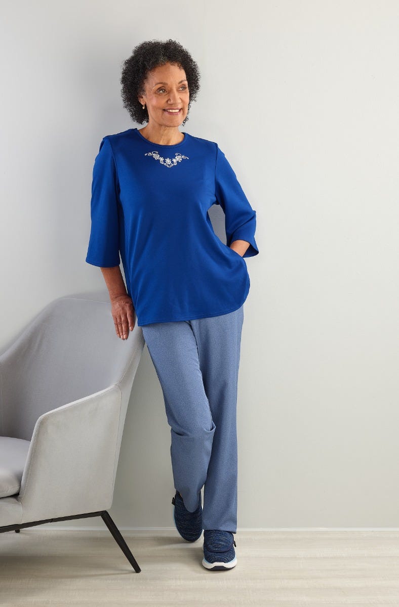 Women's Open Back 3/4 Length Sleeve Top with Embroidery - Silverts 52