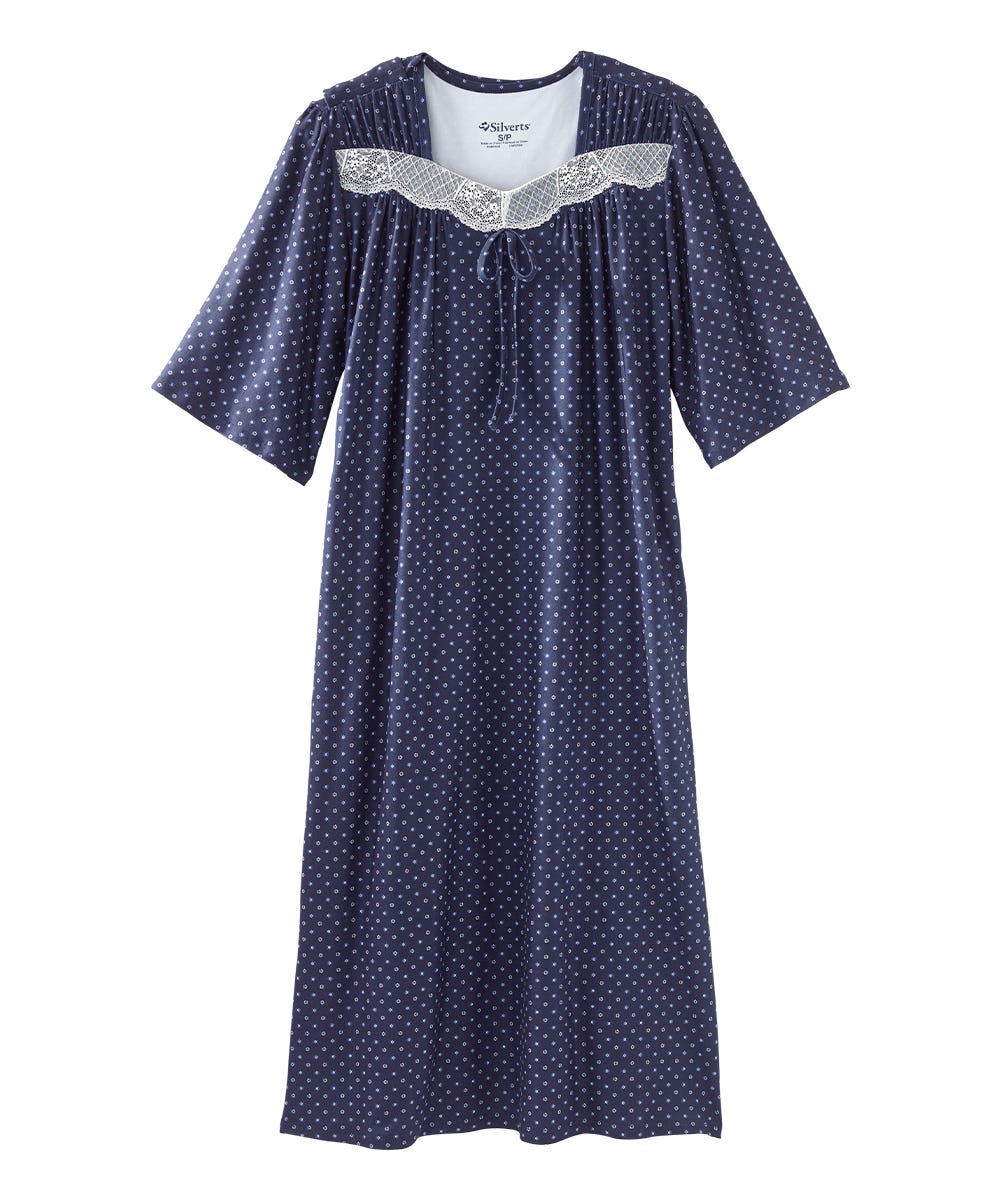 Women's Open Back Lace Trim Nightgown with Pockets - Silverts 16