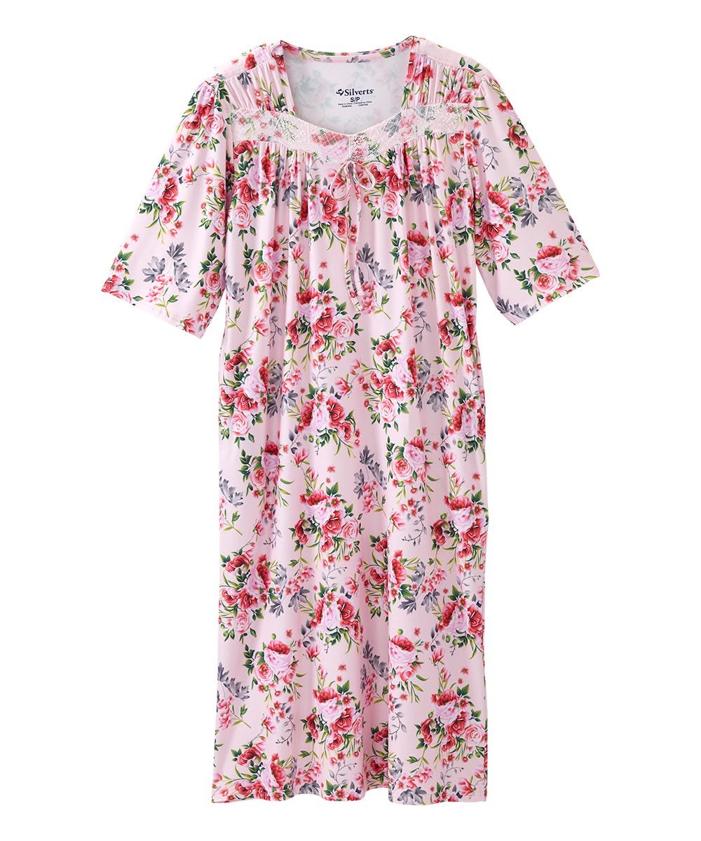 Women's Open Back Lace Trim Nightgown with Pockets - Silverts 12