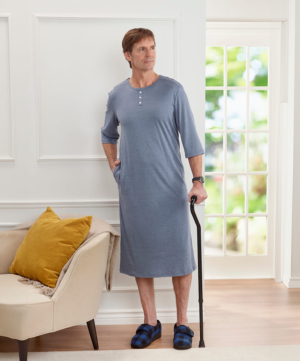 Men's Open Back Henley Nightgown - Silverts 1