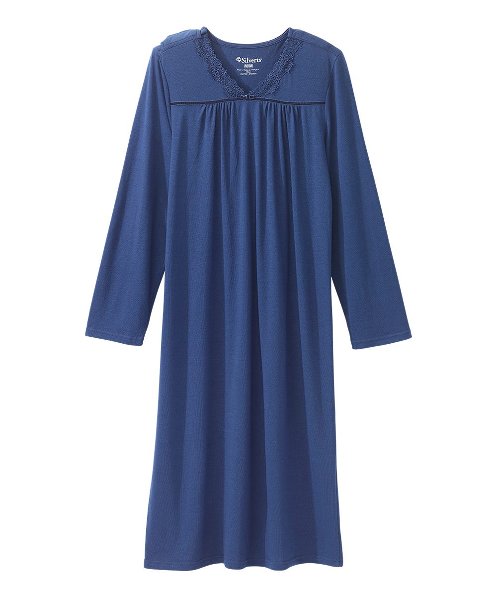 Women's Open Back Long Sleeve Lace Trim Nightgown - Silverts 10
