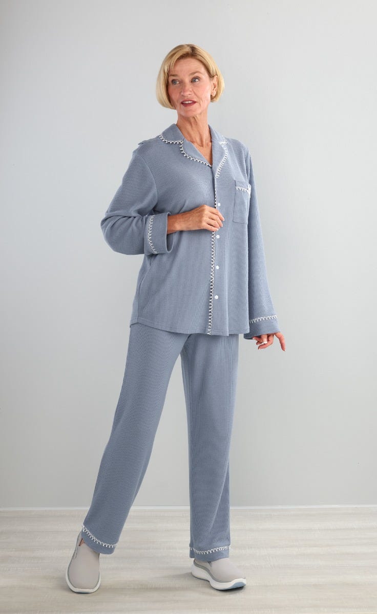 Women's Open Back Top & Pull-On Pant Waffle Knit Pajama Set - Silverts 10
