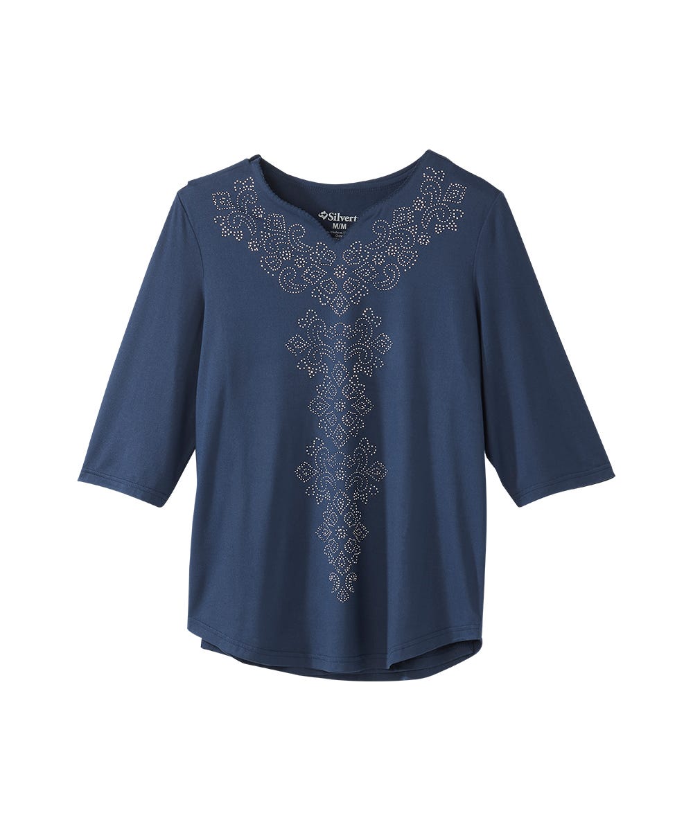 Women's Open Back V-Neck Embellished Top - Silverts 1