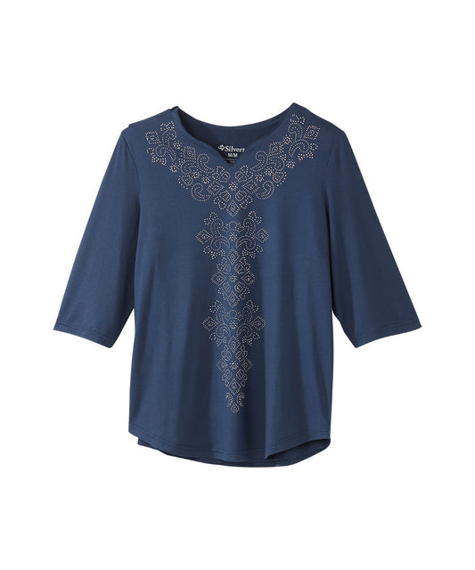 Women's Open Back V-Neck Embellished Top - Silverts 1
